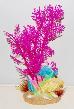 3 Fish On Rock With Pink Coral Aquarium Ornament